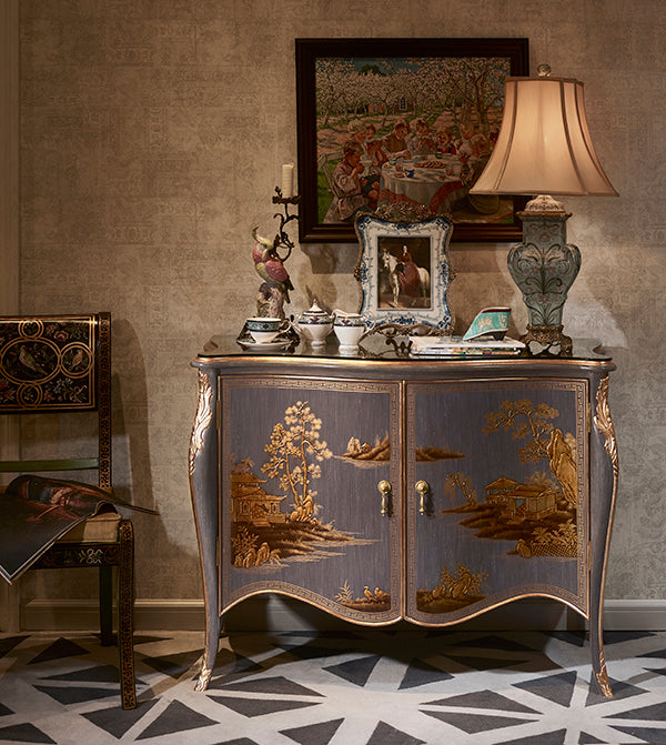 FH&HOME Lavender Legacy Console Cabinet - Chinese Landscape Gilded