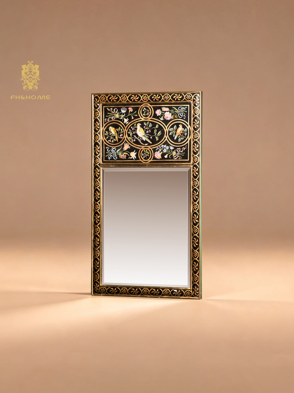 FH&HOME Black Gilded Bird & Floral Rectangular Wall Mirror