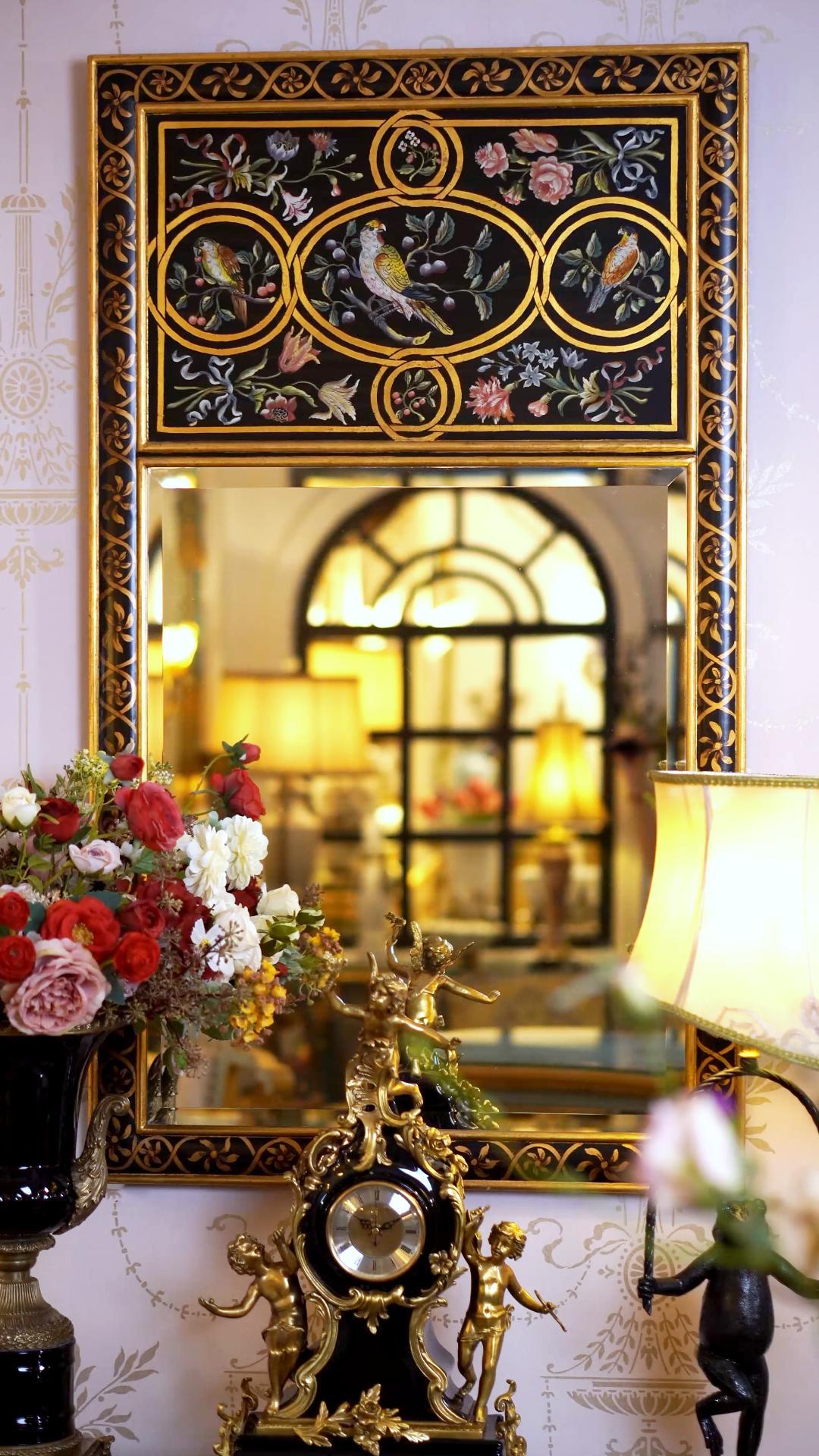 FH&HOME Black Gilded Bird & Floral Rectangular Wall Mirror