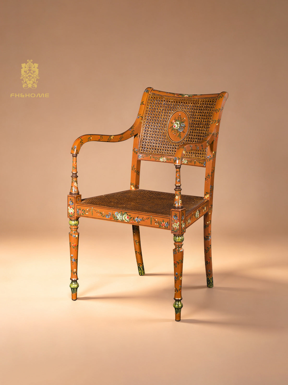 FH&HOME Chinoiserie Rattan Armchair - Floral Hand-Painted Wood Frame