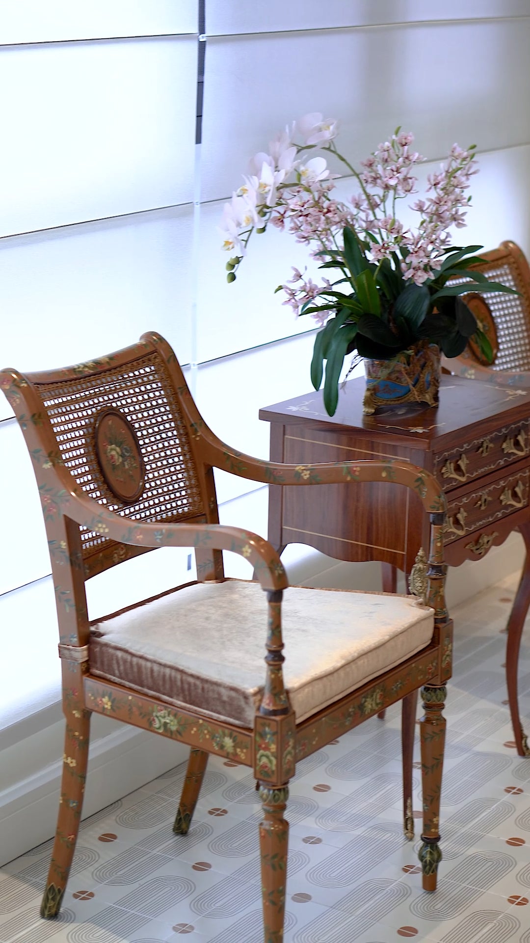 FH&HOME Chinoiserie Rattan Armchair - Floral Hand-Painted Wood Frame