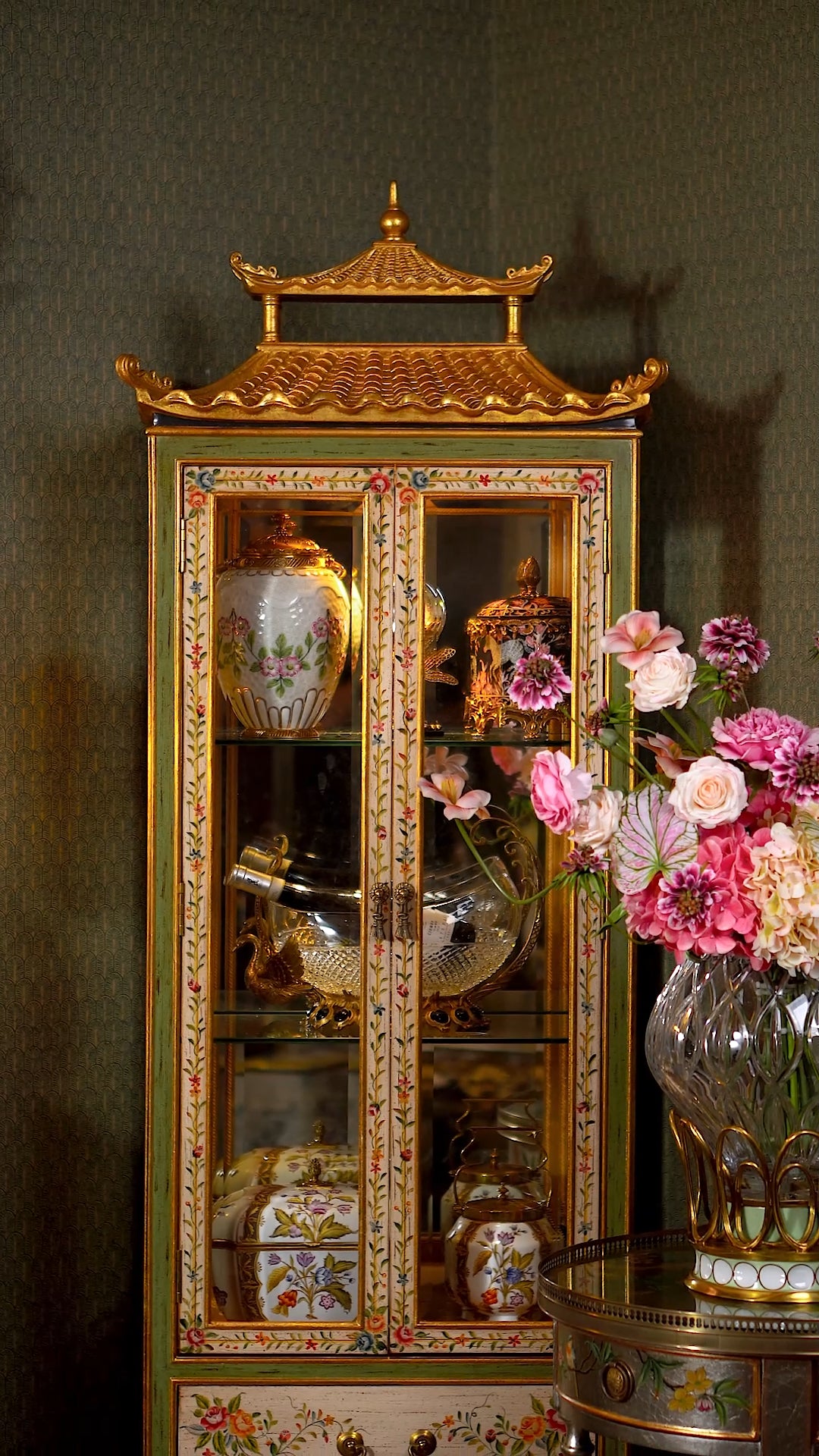 FH&HOME Chinoiserie Pagoda Cabinet - Floral French Paintwork