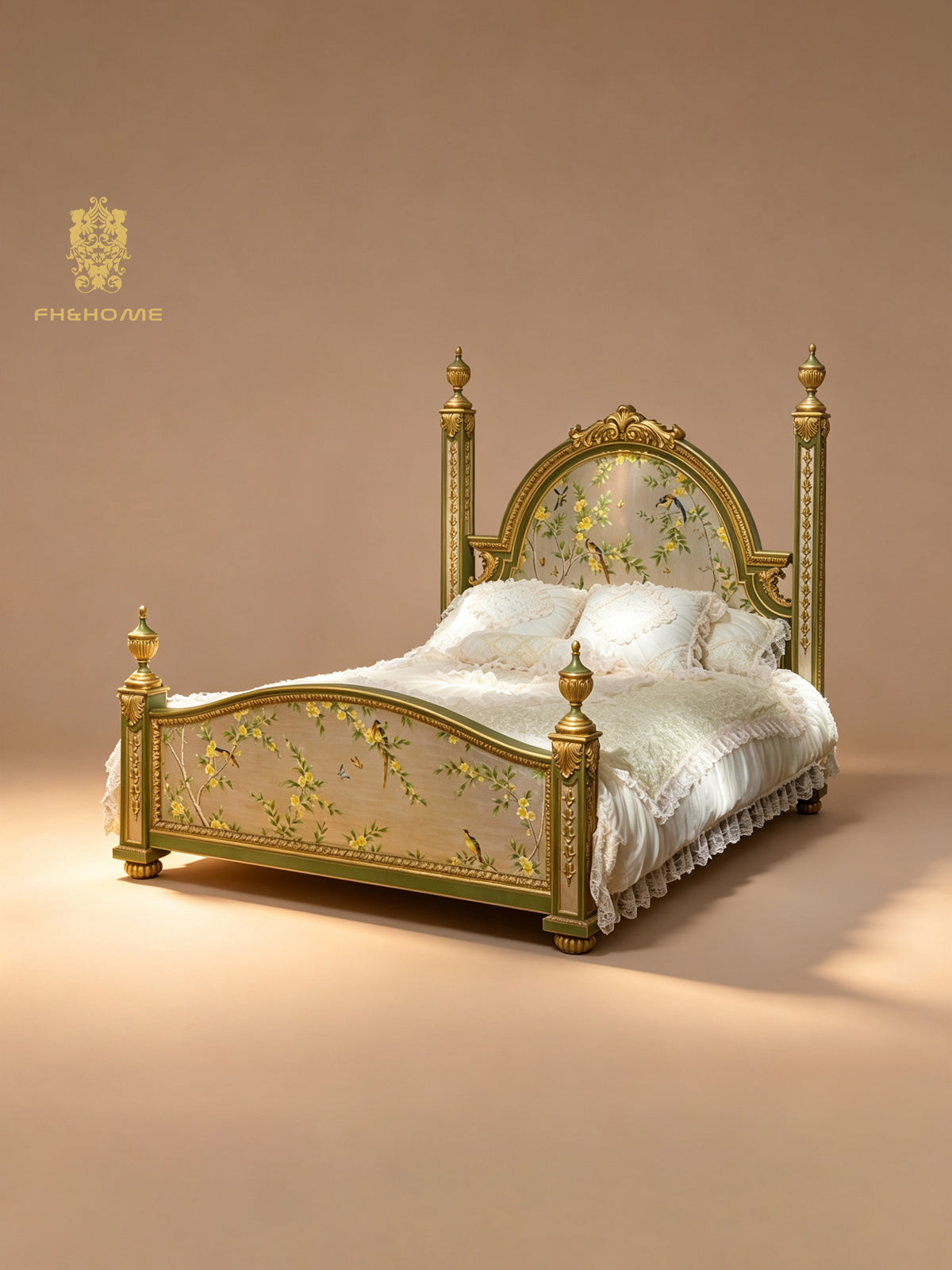 FH&HOME Louis XV Vernis Martin Rose Canopy Bed