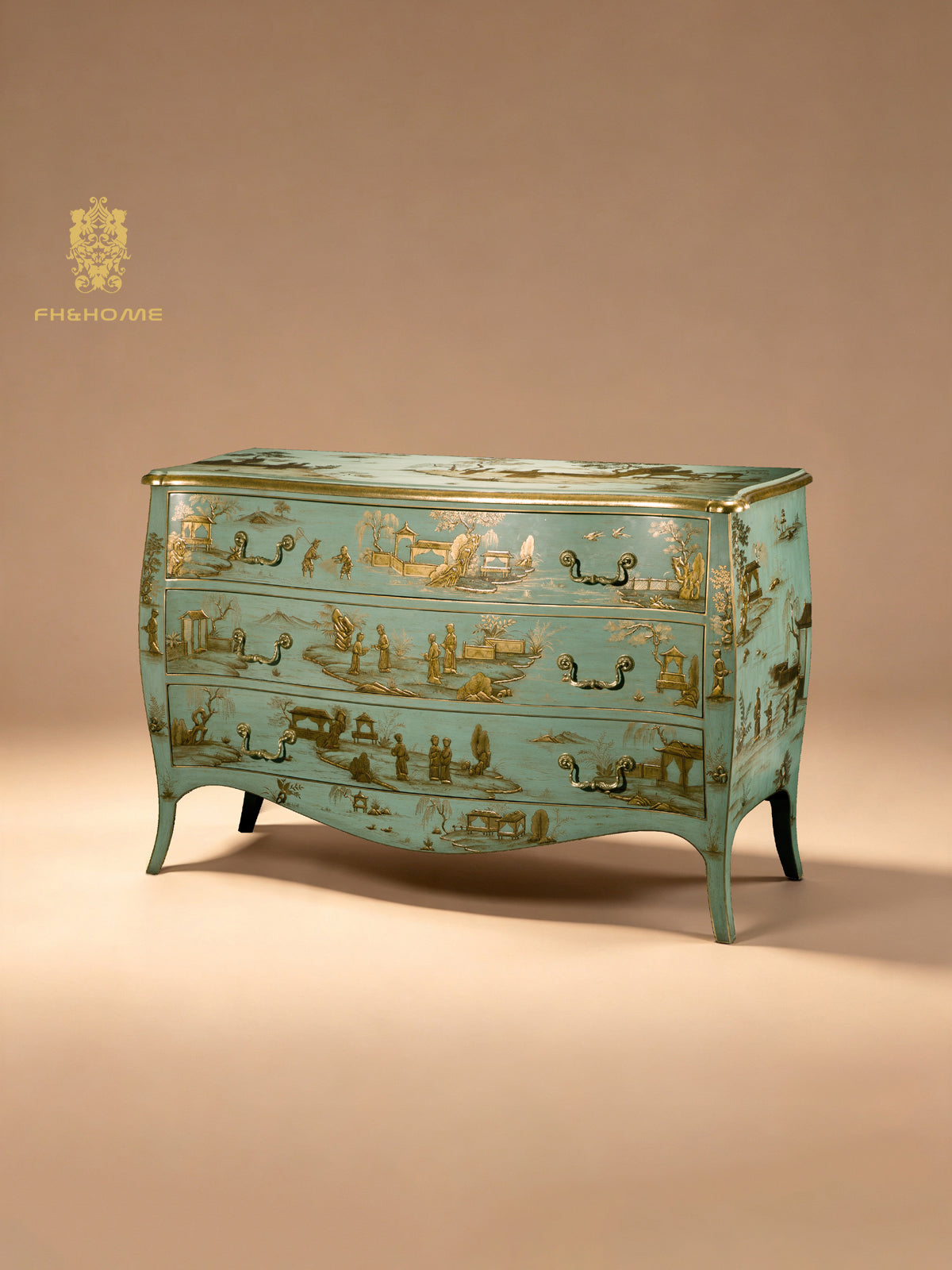 FH&HOME Marlene Series Gold Painted Chinoiserie Console Cabinet