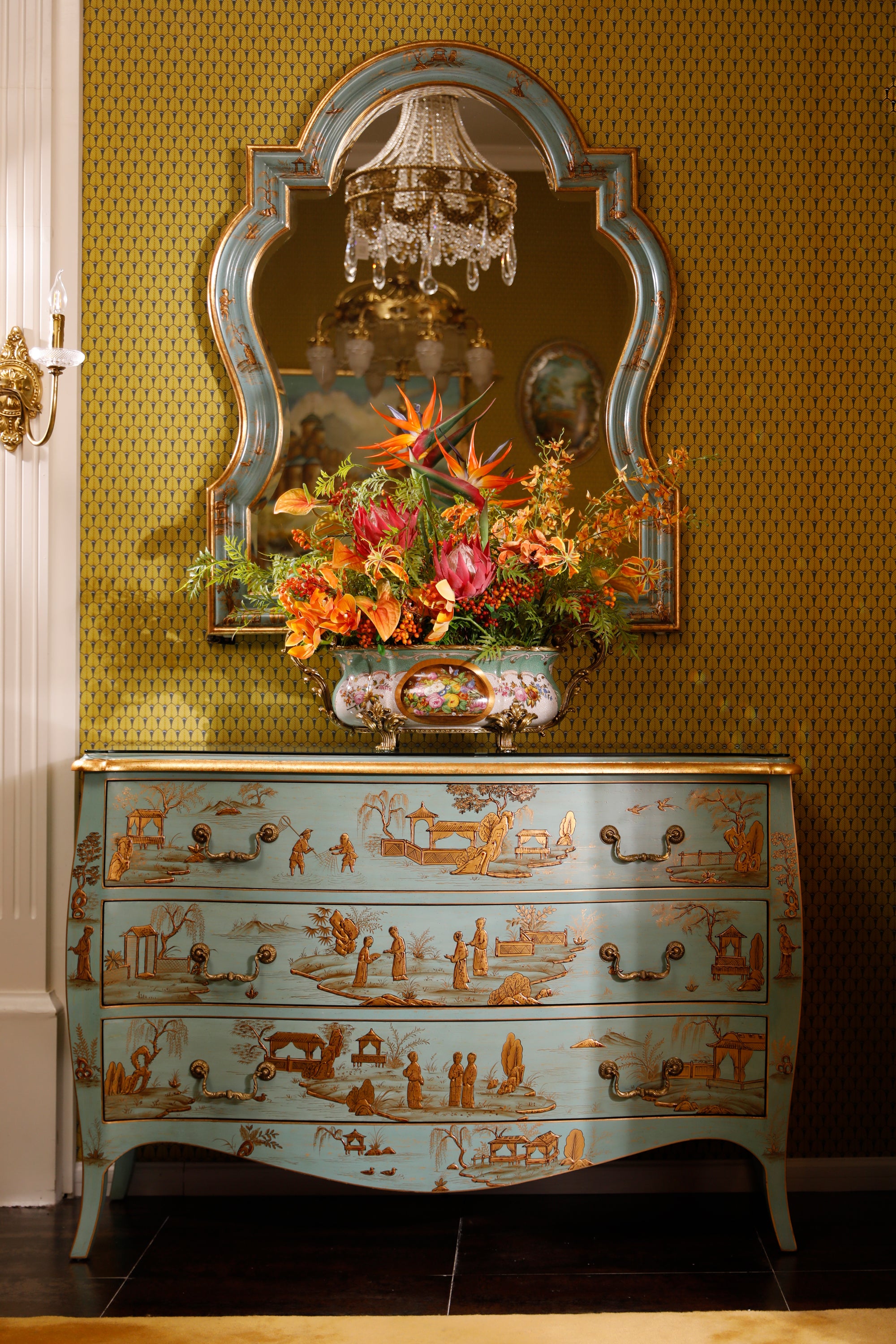 FH&HOME Marlene Series Gold Painted Chinoiserie Console Cabinet