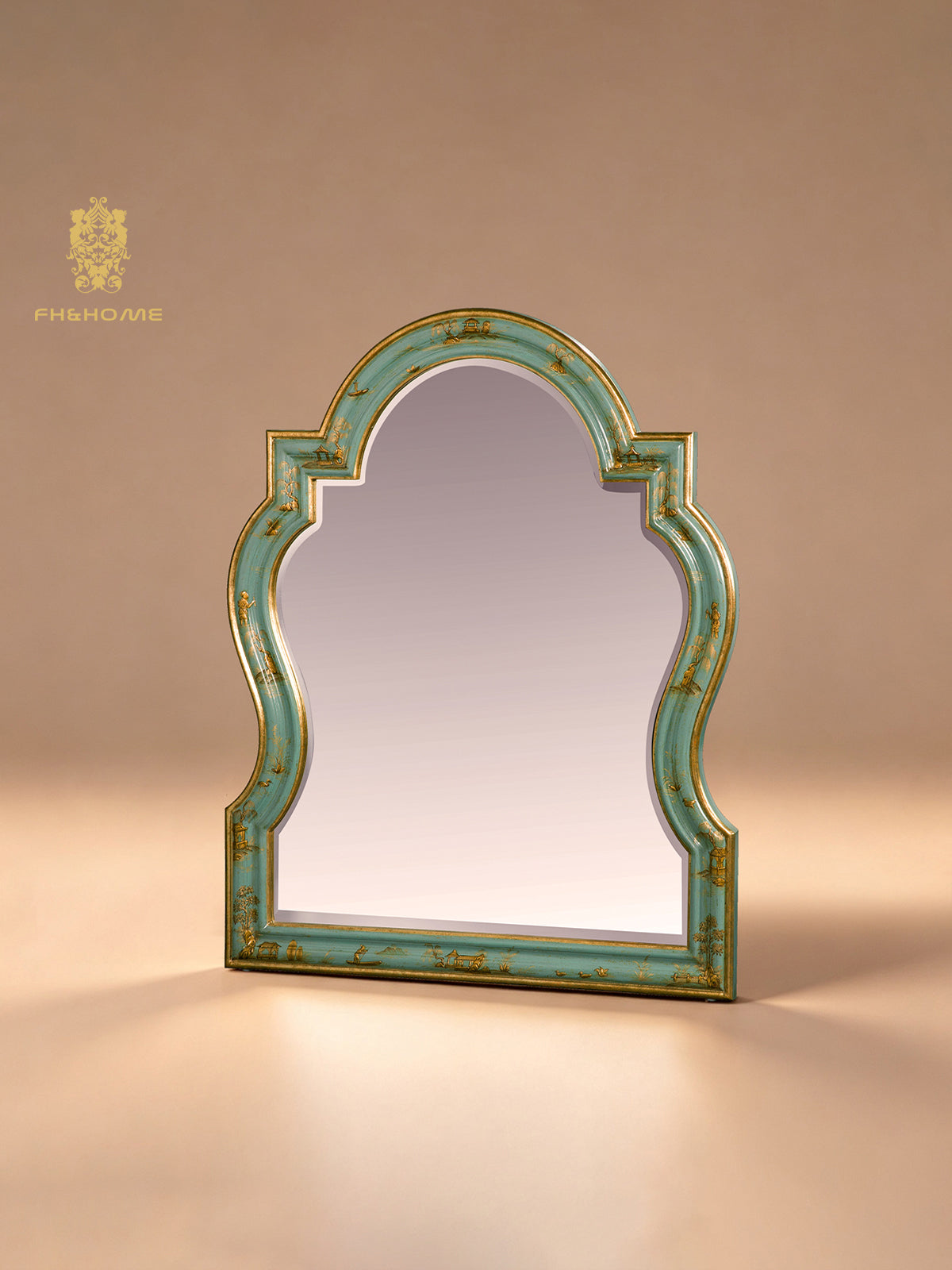 FH&HOME  Turquoise Scenic Motif Curved Wall Mirror - Gilded Trim Accent