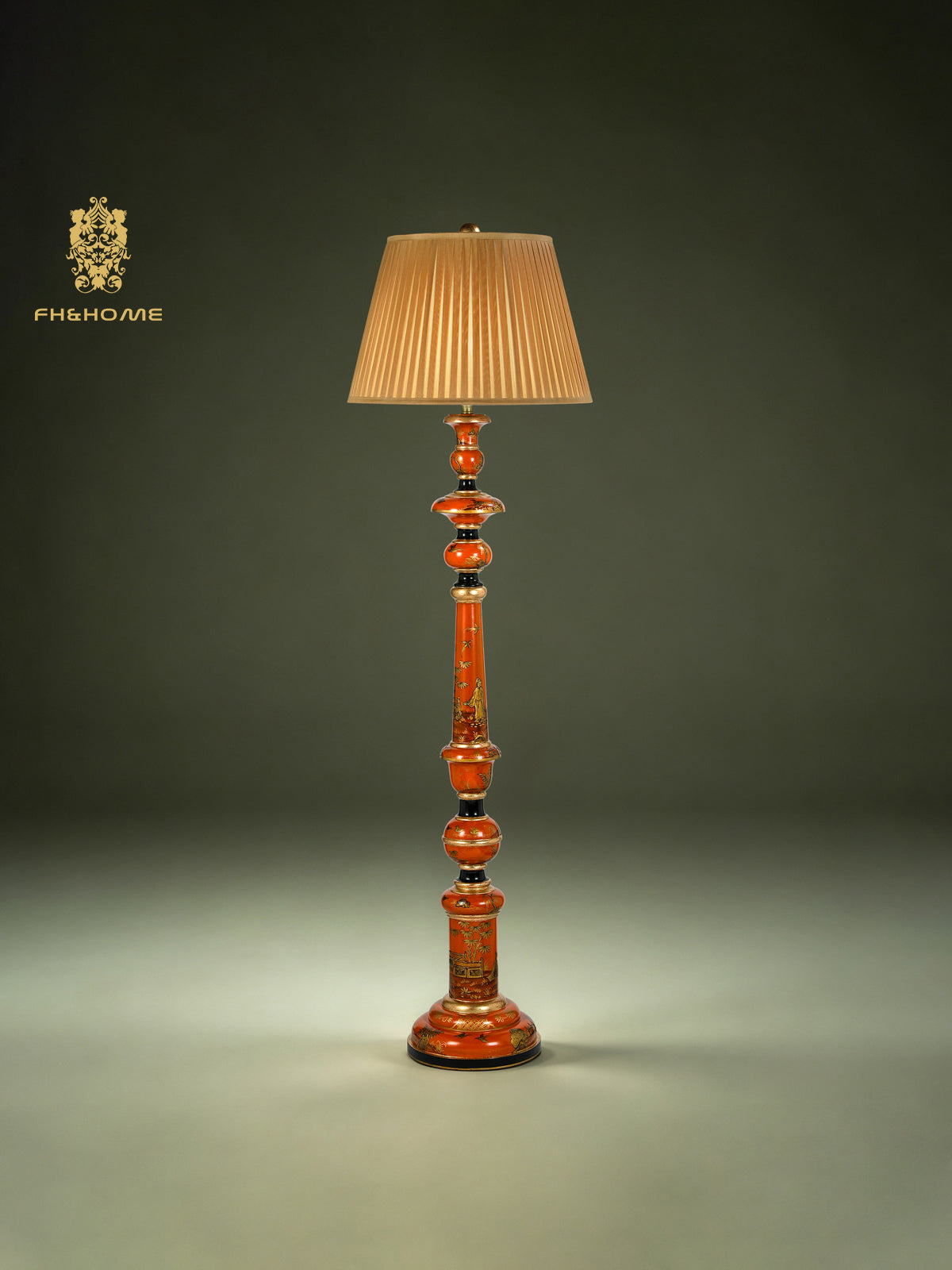 FH&HOME Orange Column Floor Lamp - Vintage Carved with Pleated Shade