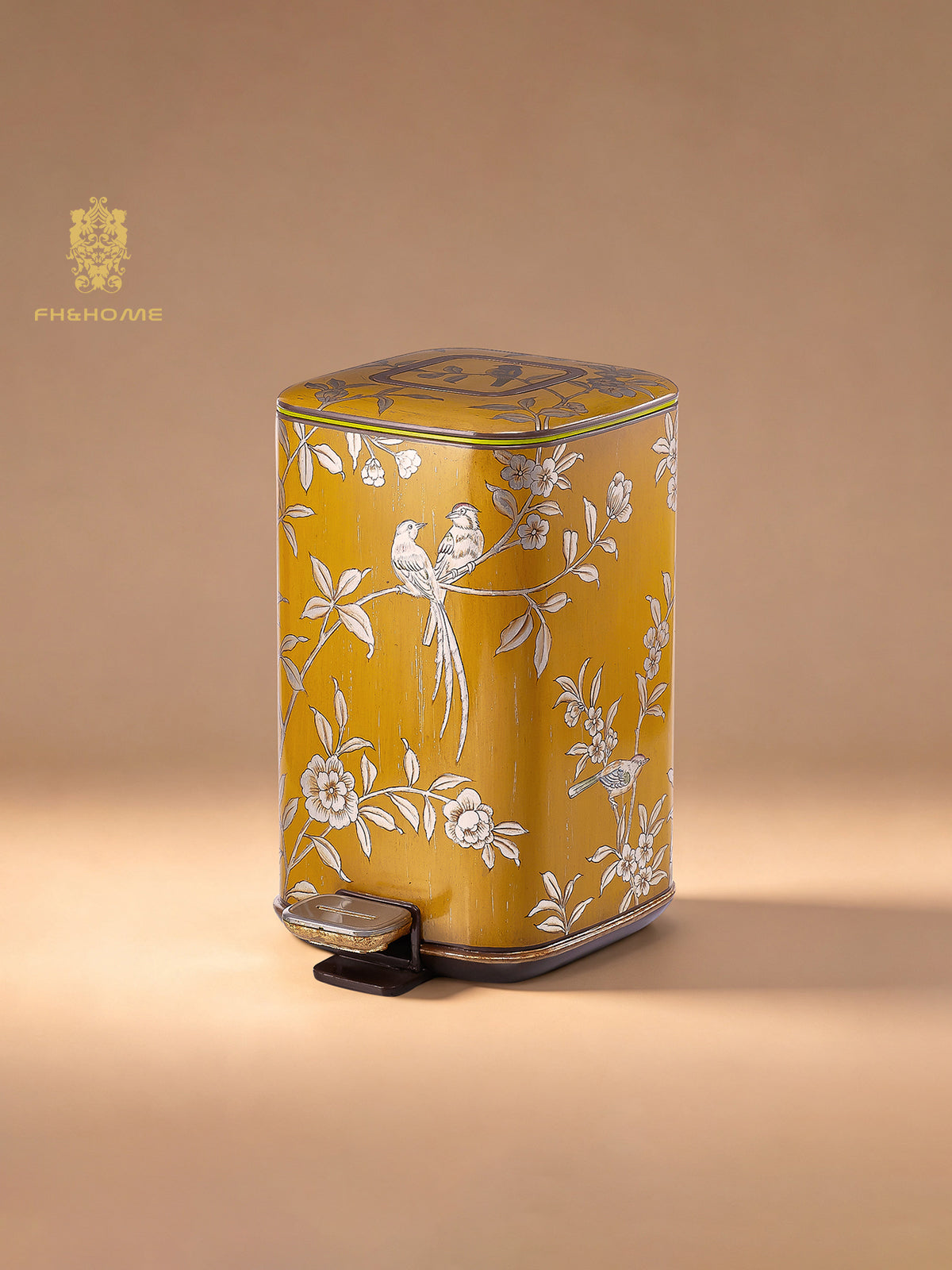 FH&HOME Imperial Yellow Chinoiserie Floral & Bird Trash Bin - Foot Pedal