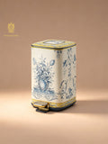FH&HOME Elegant Blue & White Floral Painted Trash Bin - Foot Pedal