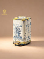FH&HOME Elegant Blue & White Floral Painted Trash Bin - Foot Pedal