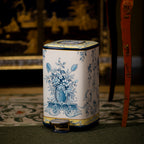 FH&HOME Elegant Blue & White Floral Painted Trash Bin - Foot Pedal