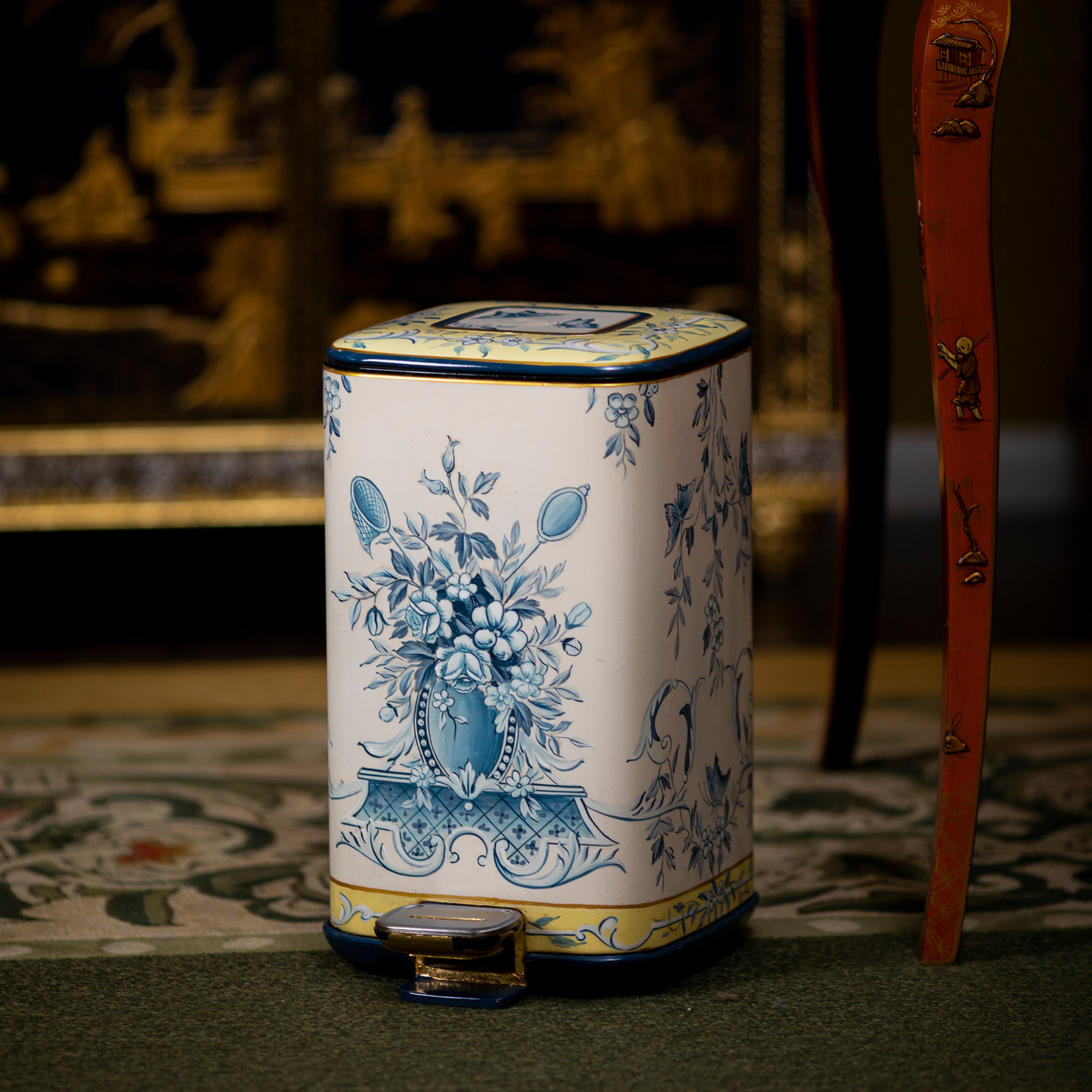 FH&HOME Elegant Blue & White Floral Painted Trash Bin - Foot Pedal