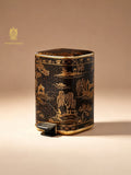 FH&HOME Chinoiserie Black & Gilded Crackle Landscape Trash Bin - Foot Pedal