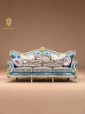 FH&HOME Floral Corolla Blue Sofa - Carved Mahogany Silky