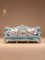 FH&HOME Floral Corolla Blue Sofa - Carved Mahogany Silky