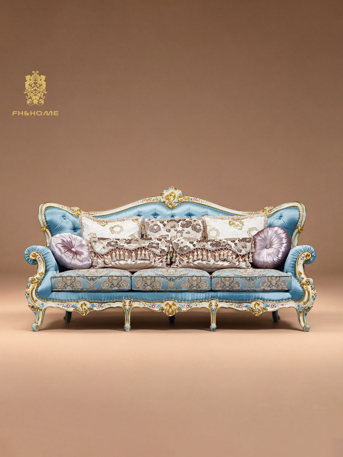 FH&HOME Floral Corolla Blue Sofa - Carved Mahogany Silky