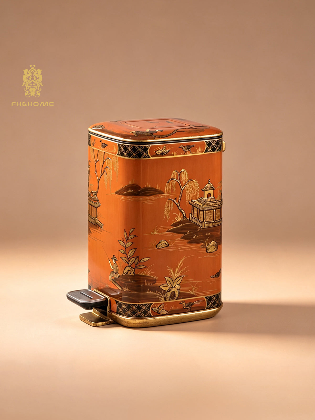 FH&HOME Chinoiserie Coral Red Landscape Painted Trash Bin - Foot Pedal