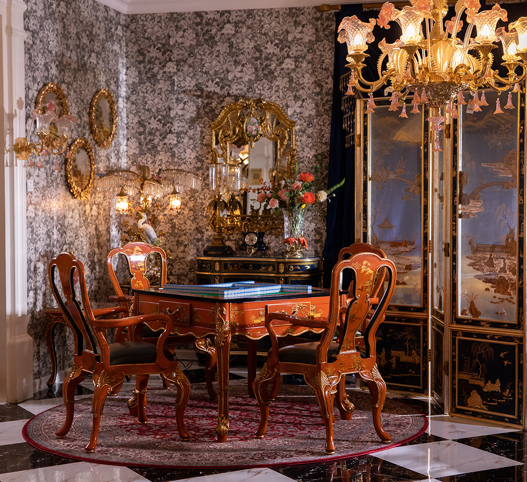 FH&HOME Cinnabar Mahjong Set - Gilded Orange Charm Series Table & Armchair