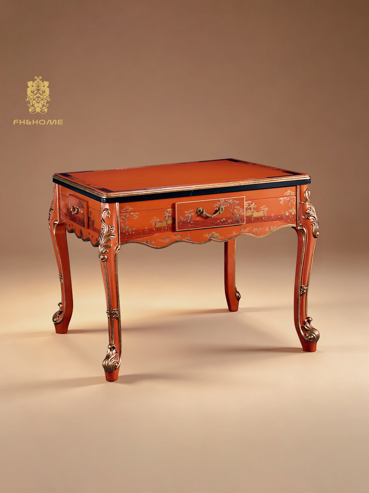 FH&HOME Cinnabar Mahjong Set - Gilded Orange Charm Series Table & Armchair
