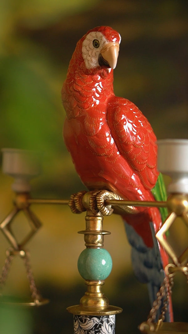 FH&HOME Art Deco Red Parrot Balance Double Candle Holder - Vintage Brass Frame