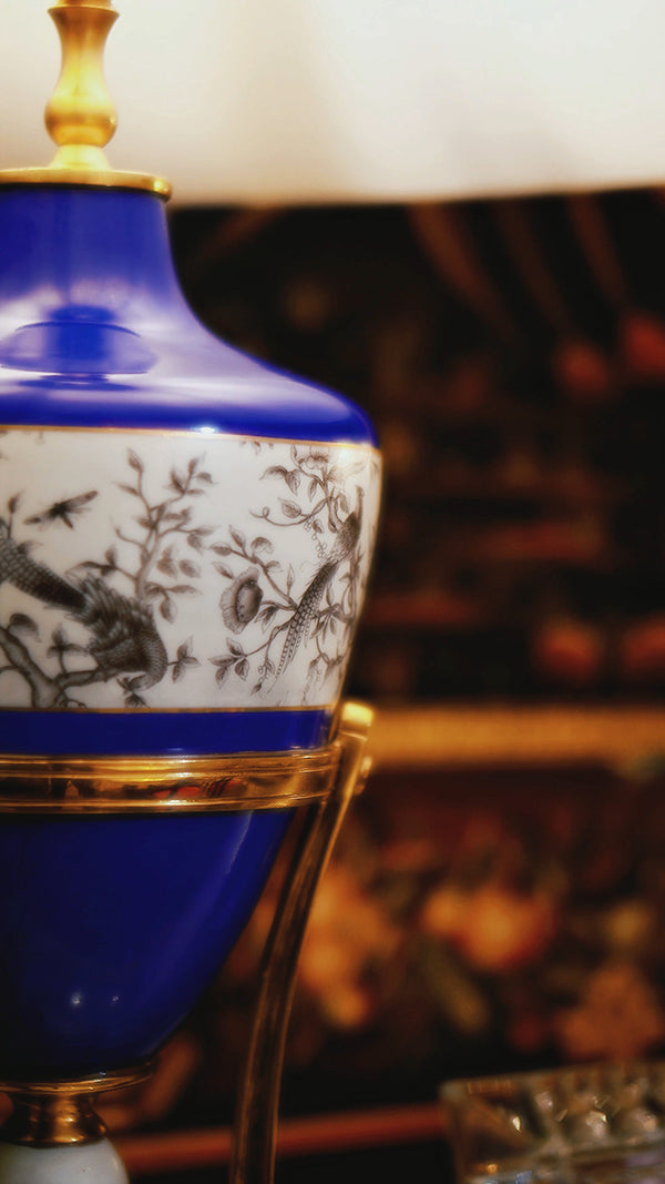 FH&HOME Chinoiserie Blue Porcelain Lamp - Ink Wash Bird Motif