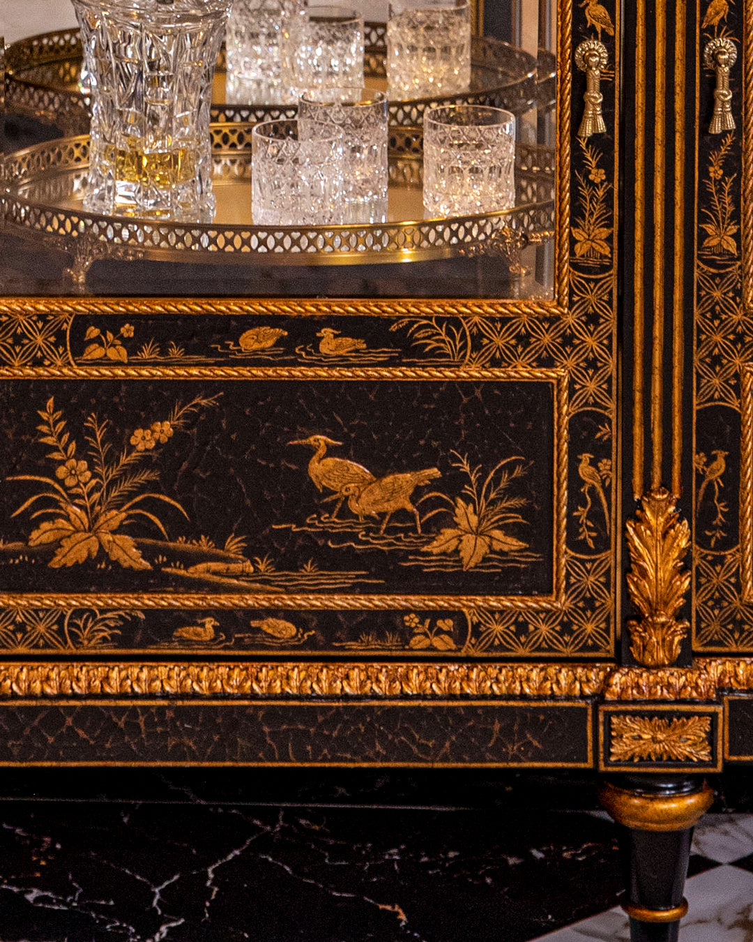 FH&HOME Black Crackle Display Cabinet - Chinoiserie Gilded Landscape Curved Glass