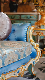 FH&HOME Floral Corolla Blue Sofa - Carved Mahogany Silky
