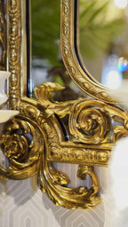 FH&HOME Rococo Brass Floral Porcelain Inset Wall Mirror - Ornate Scroll Frame Accent