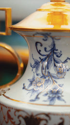 FH&HOME Blue & White Peony Lamp - Chinoiserie with Gilded Brass