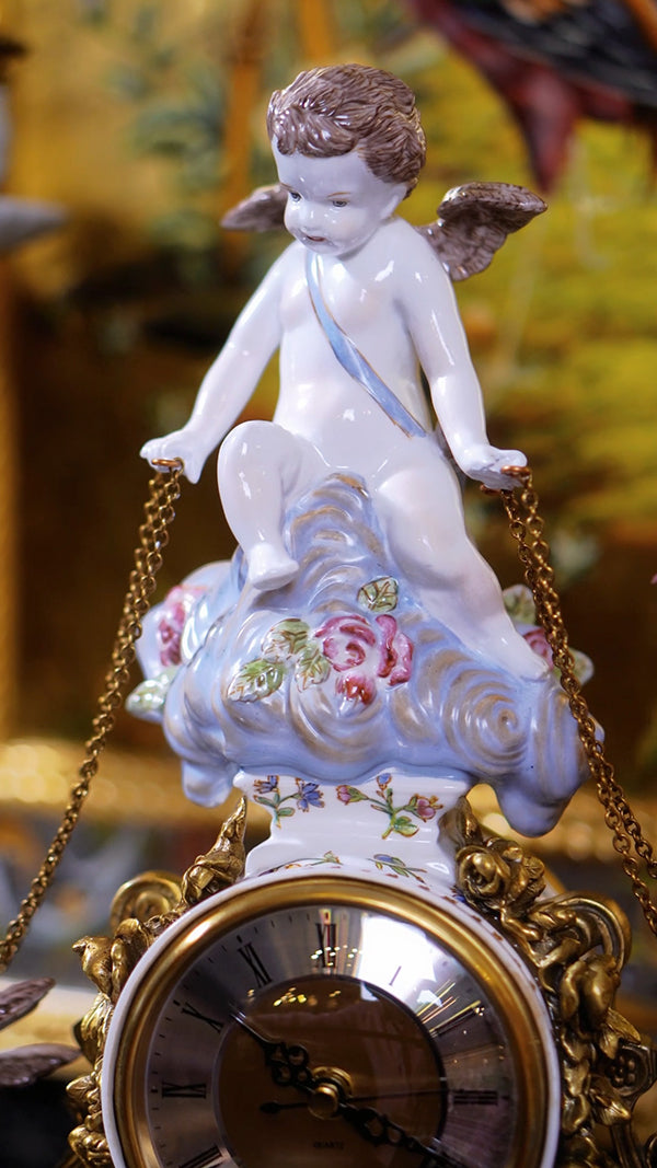 FH&HOME Romantic Cherub & Bird Accent Mantel Clock Set - Gilt Brass