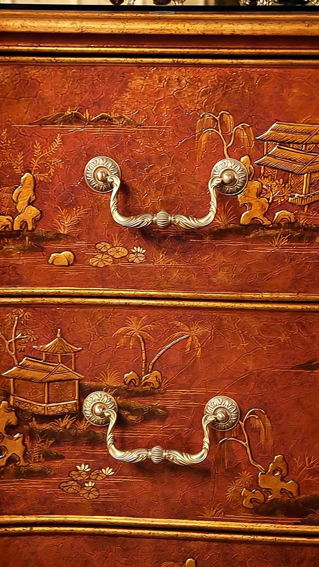 FH&HOME Coral Red Landscape Cabinet - Crackle Finish Hand-Painted