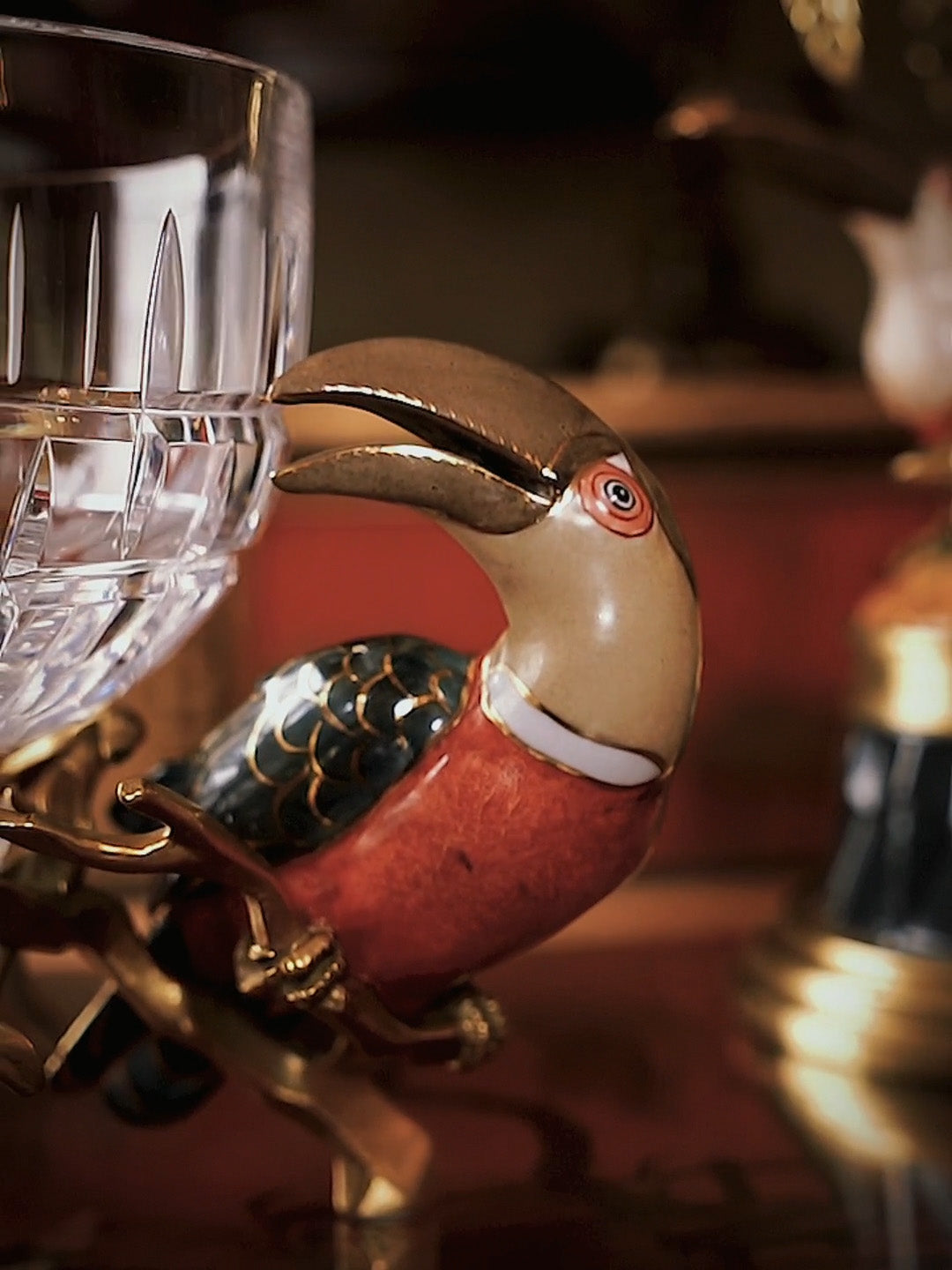 FH&HOME Prague Collection Toucan Crystal Glass Fruit Bowl & Vase - Brass Branch Supports