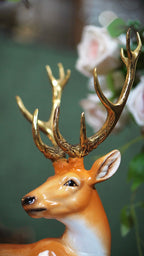 FH&HOME Luxury Majestic Sika Deer Sculpture - Hand-Painted with Gilded Antlers