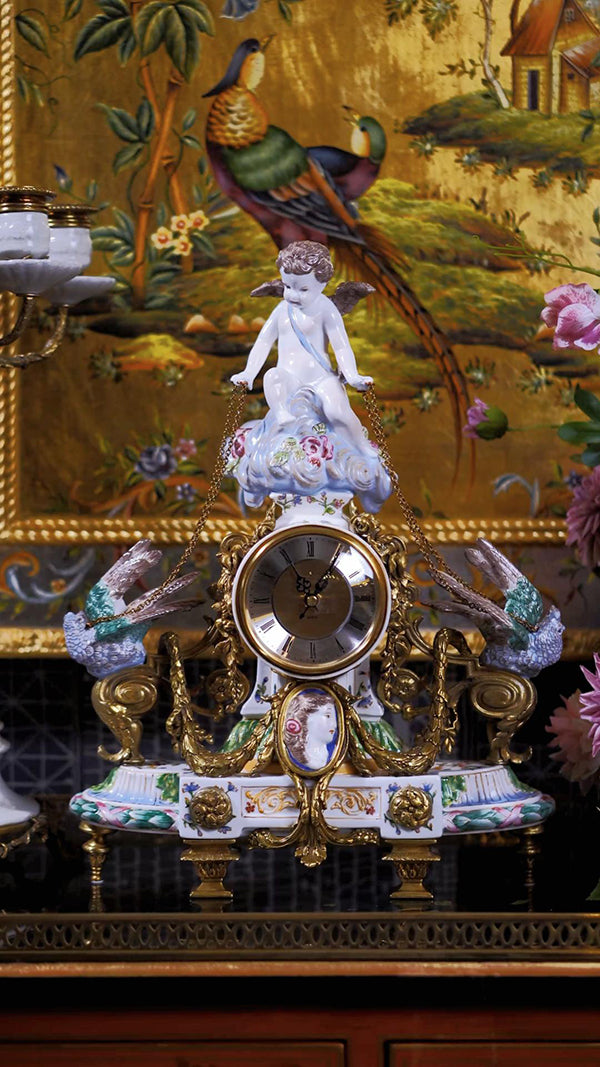 FH&HOME Romantic Cherub & Bird Accent Mantel Clock Set - Gilt Brass