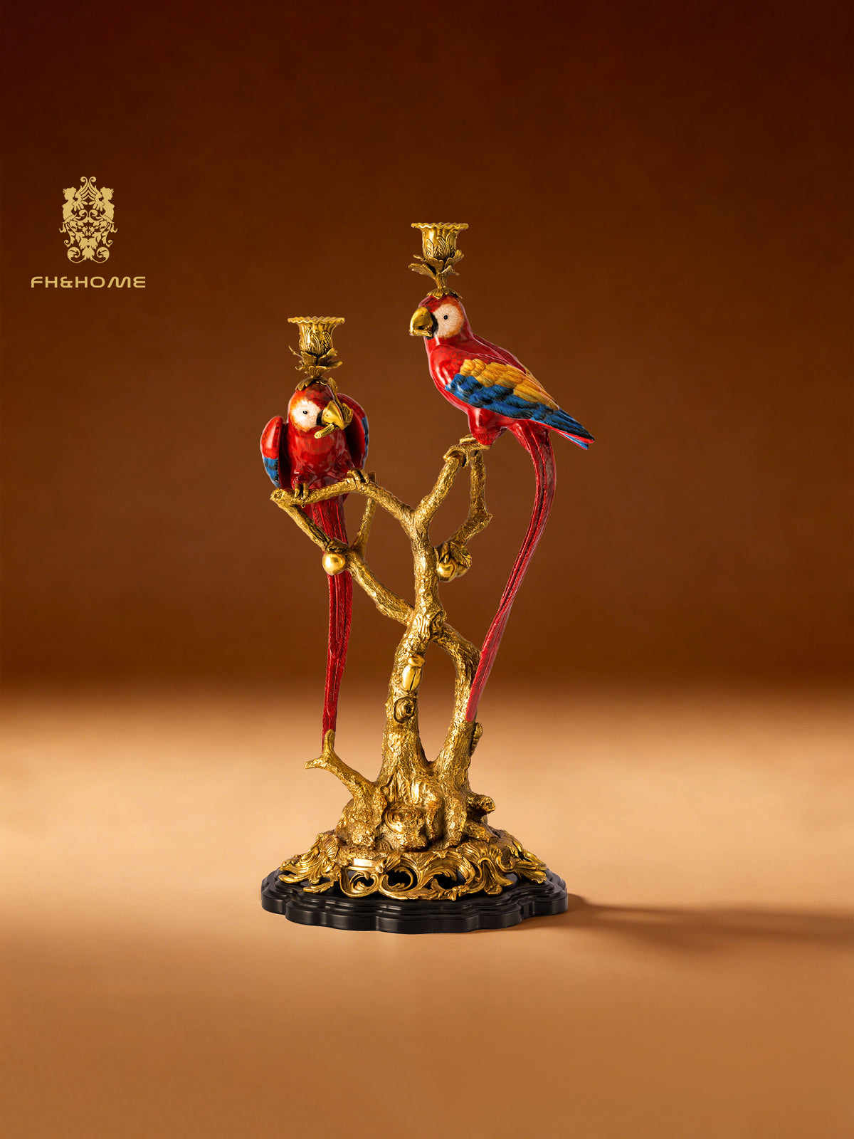 FH&HOME Art Deco Parrot Sculptural Branch Candle Holder - Gilded Retro Glamour