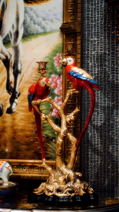 FH&HOME Art Deco Parrot Sculptural Branch Candle Holder - Gilded Retro Glamour