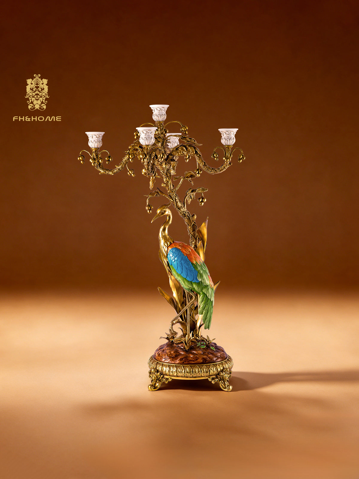 FH&HOME Artistic Colorful Crane 5-Arm Candelabra - Gilded Frame