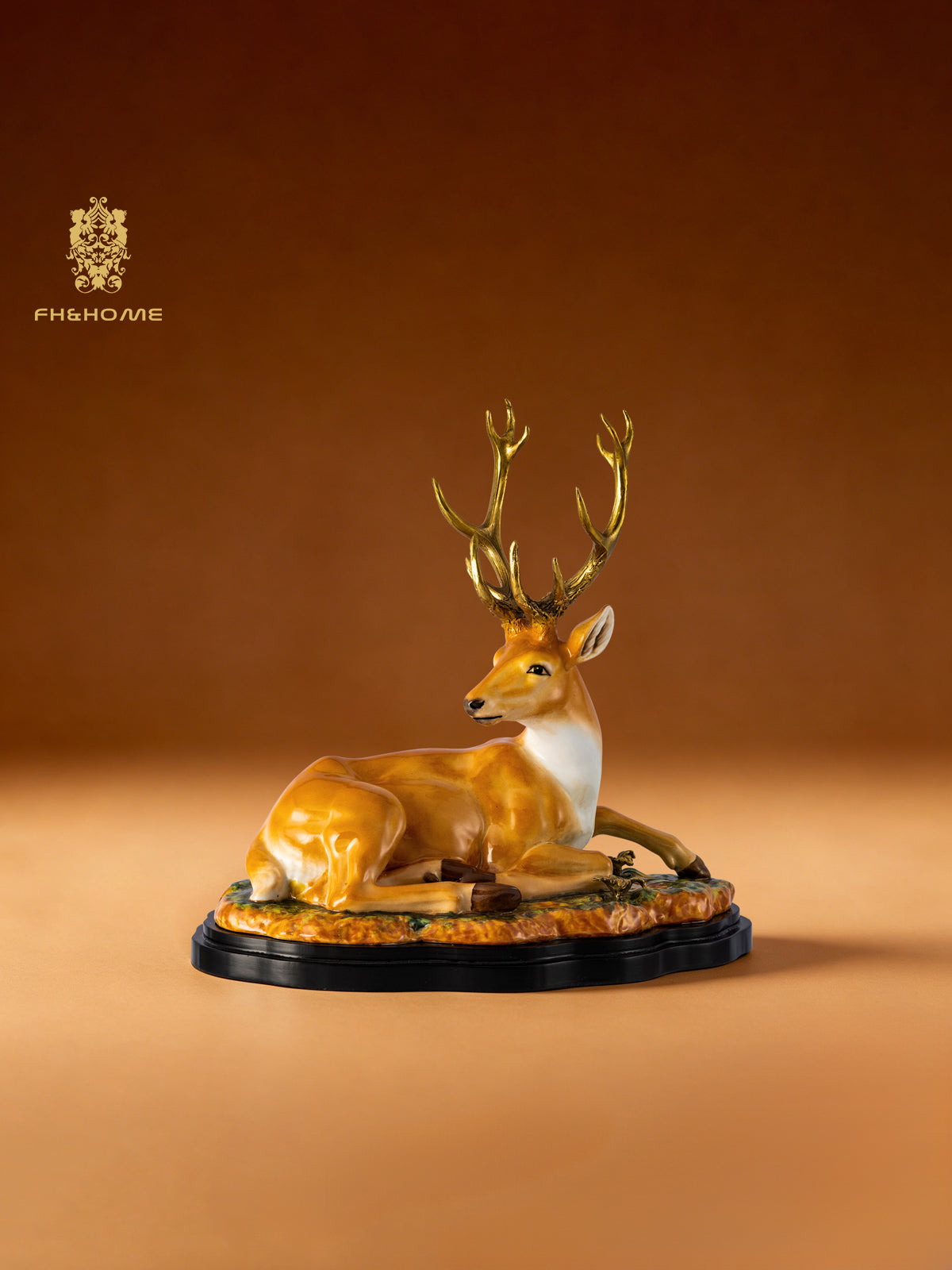 FH&HOME Luxury Majestic Sika Deer Sculpture - Hand-Painted with Gilded Antlers