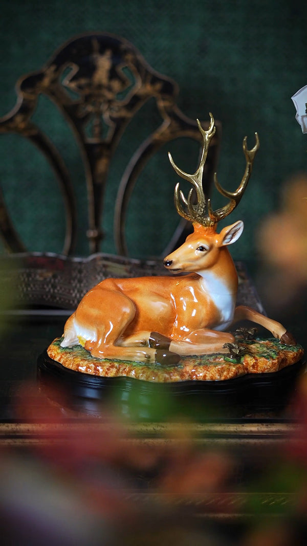 FH&HOME Luxury Majestic Sika Deer Sculpture - Hand-Painted with Gilded Antlers