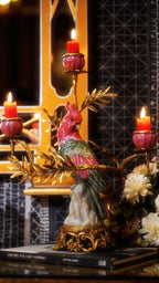 FH&HOME Exquisite Porcelain Parrot Candle Holder - Brass Foliage