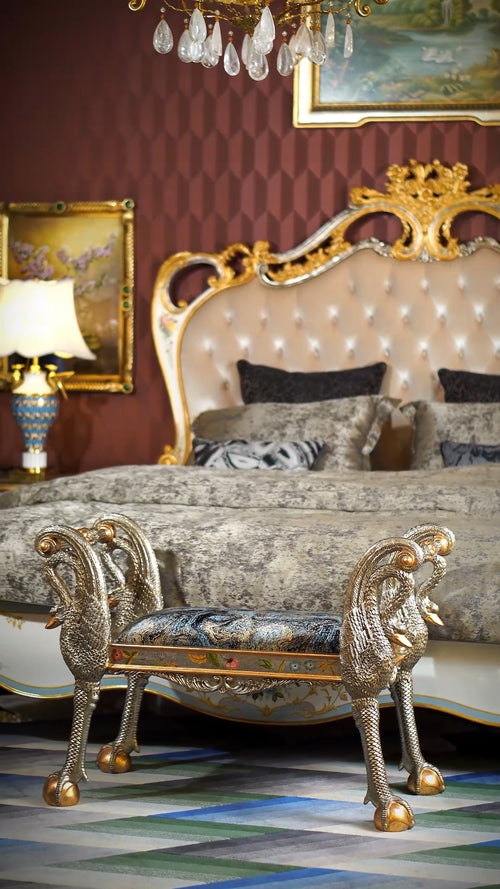 FH&HOME Azure Crane Silhouette Bench - Gilded Frame Accent Seating