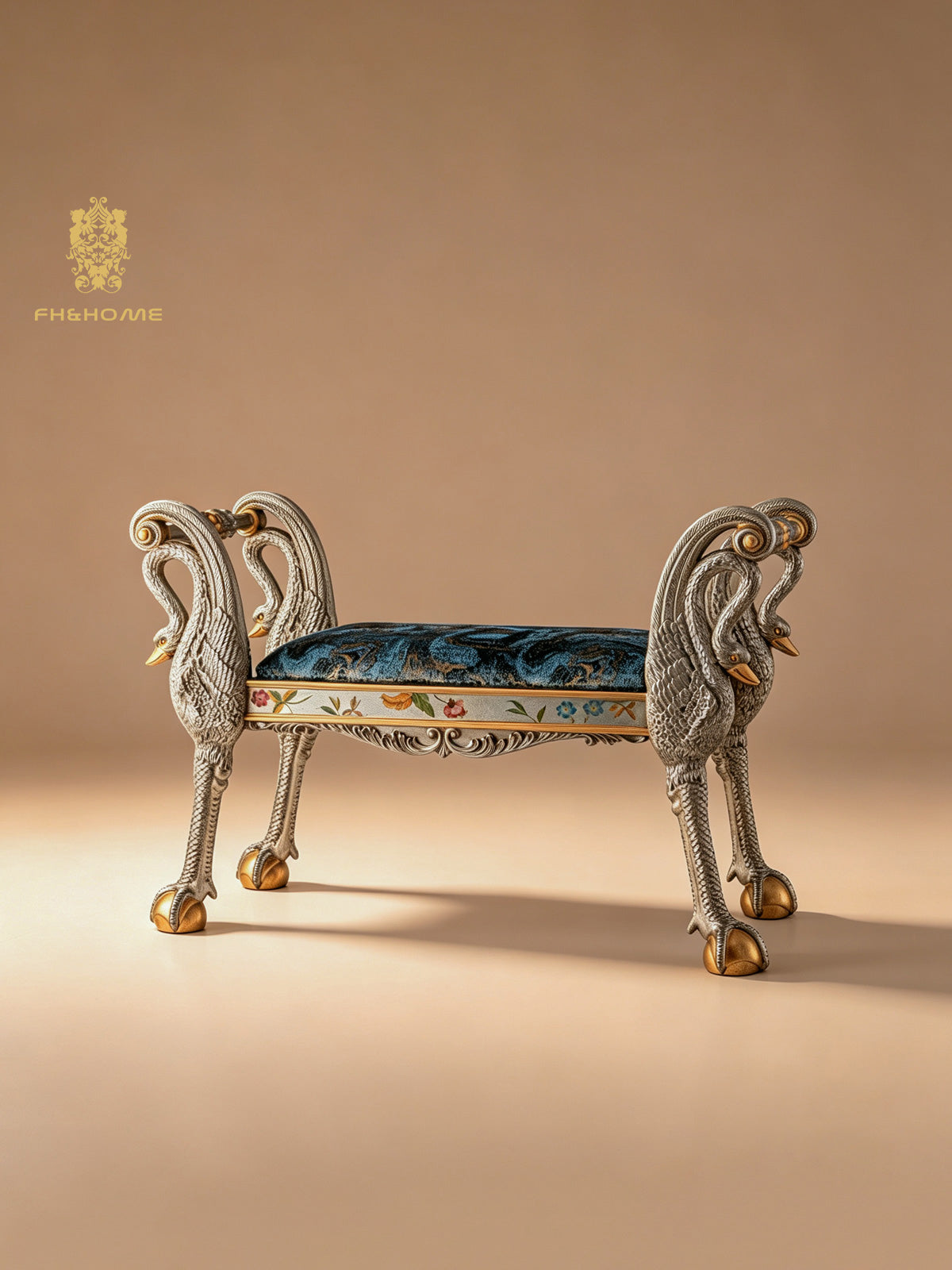 FH&HOME Azure Crane Silhouette Bench - Gilded Frame Accent Seating