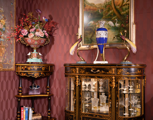 FH&HOME Black Crackle Display Cabinet - Chinoiserie Gilded Landscape Curved Glass