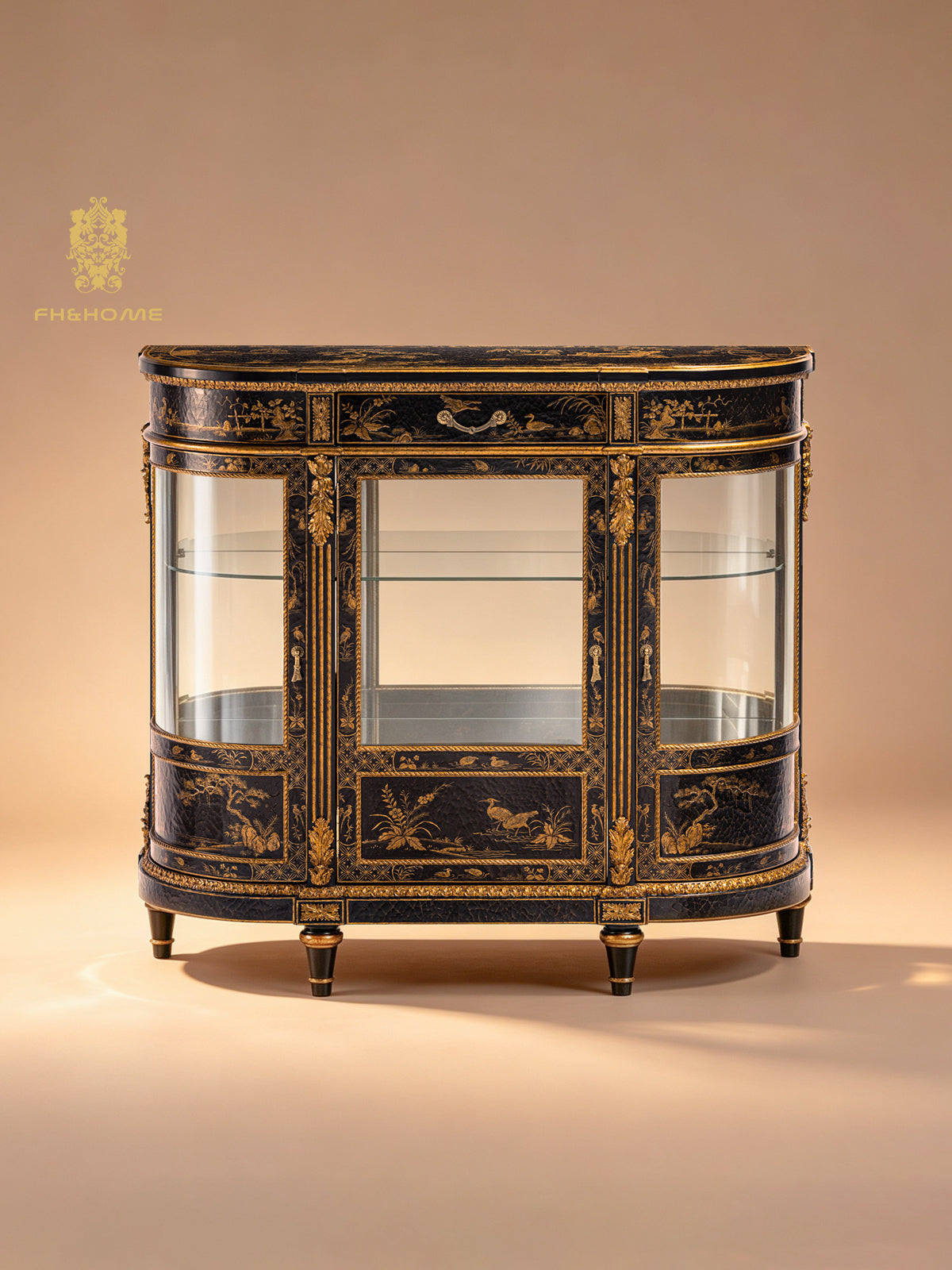 FH&HOME Black Crackle Display Cabinet - Chinoiserie Gilded Landscape Curved Glass