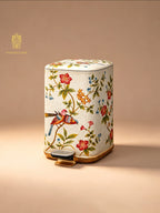 FH&HOME Crackle Texture White Bird & Blossom Accent Trash Bin - Foot Pedal