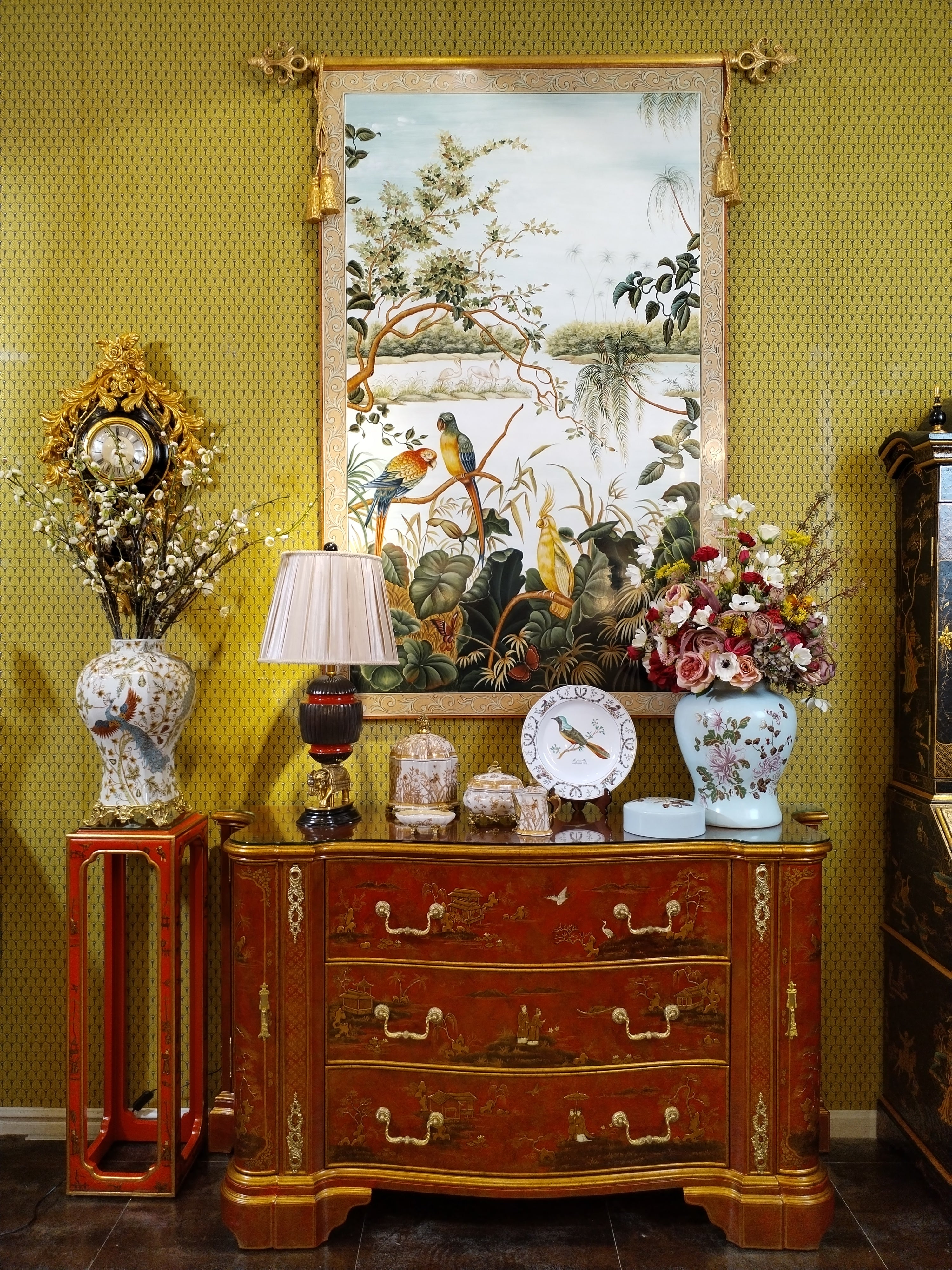 FH&HOME Coral Red Landscape Cabinet - Crackle Finish Hand-Painted