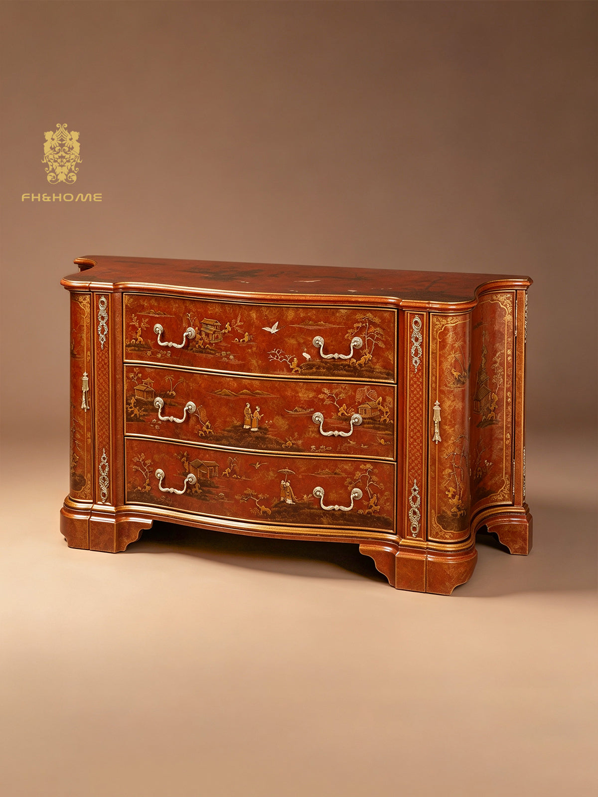 FH&HOME Coral Red Landscape Cabinet - Crackle Finish Hand-Painted