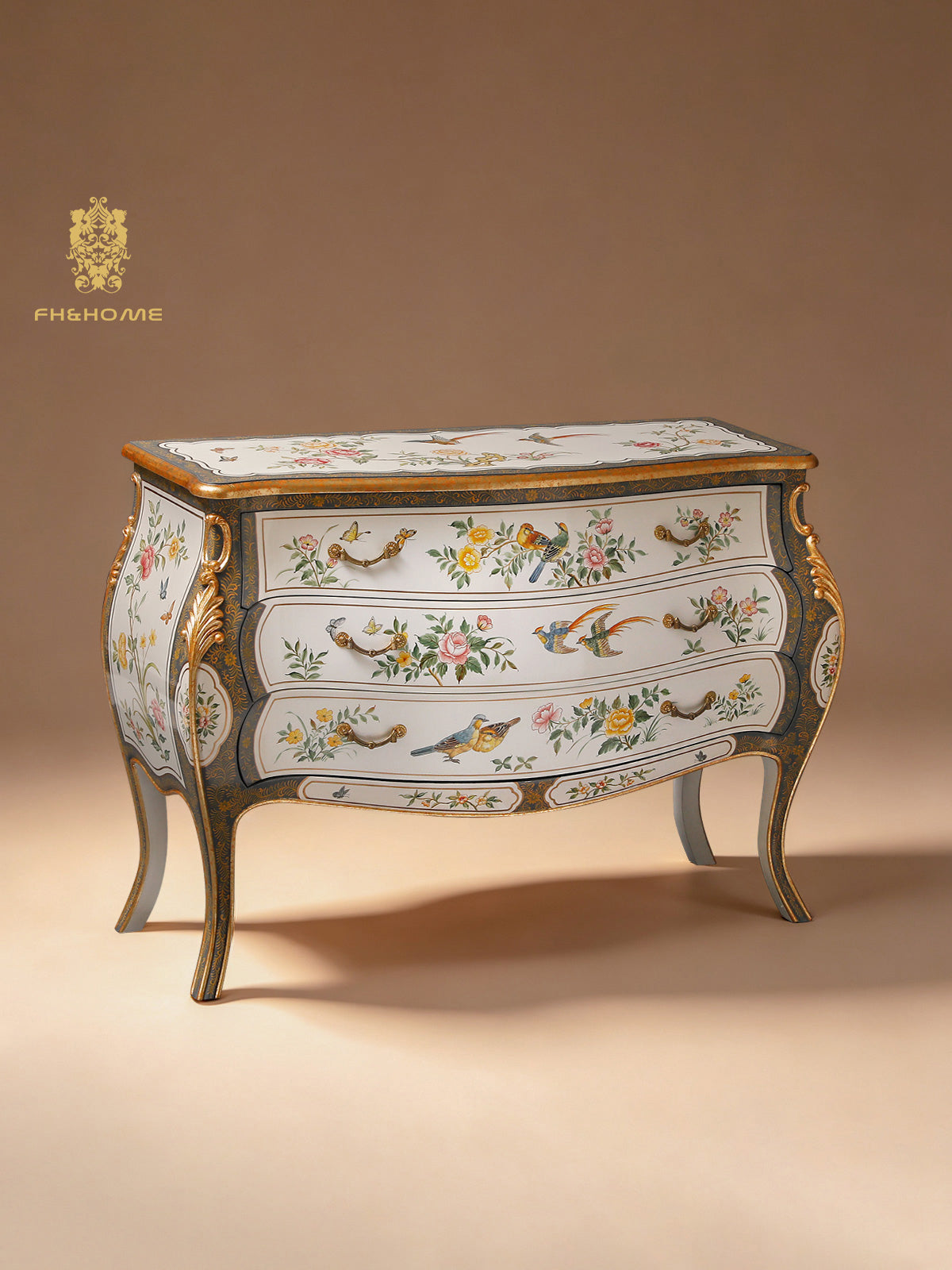FH&HOME Rococo Revival Console Chest - Bird & Floral 3-Drawer Louis XV