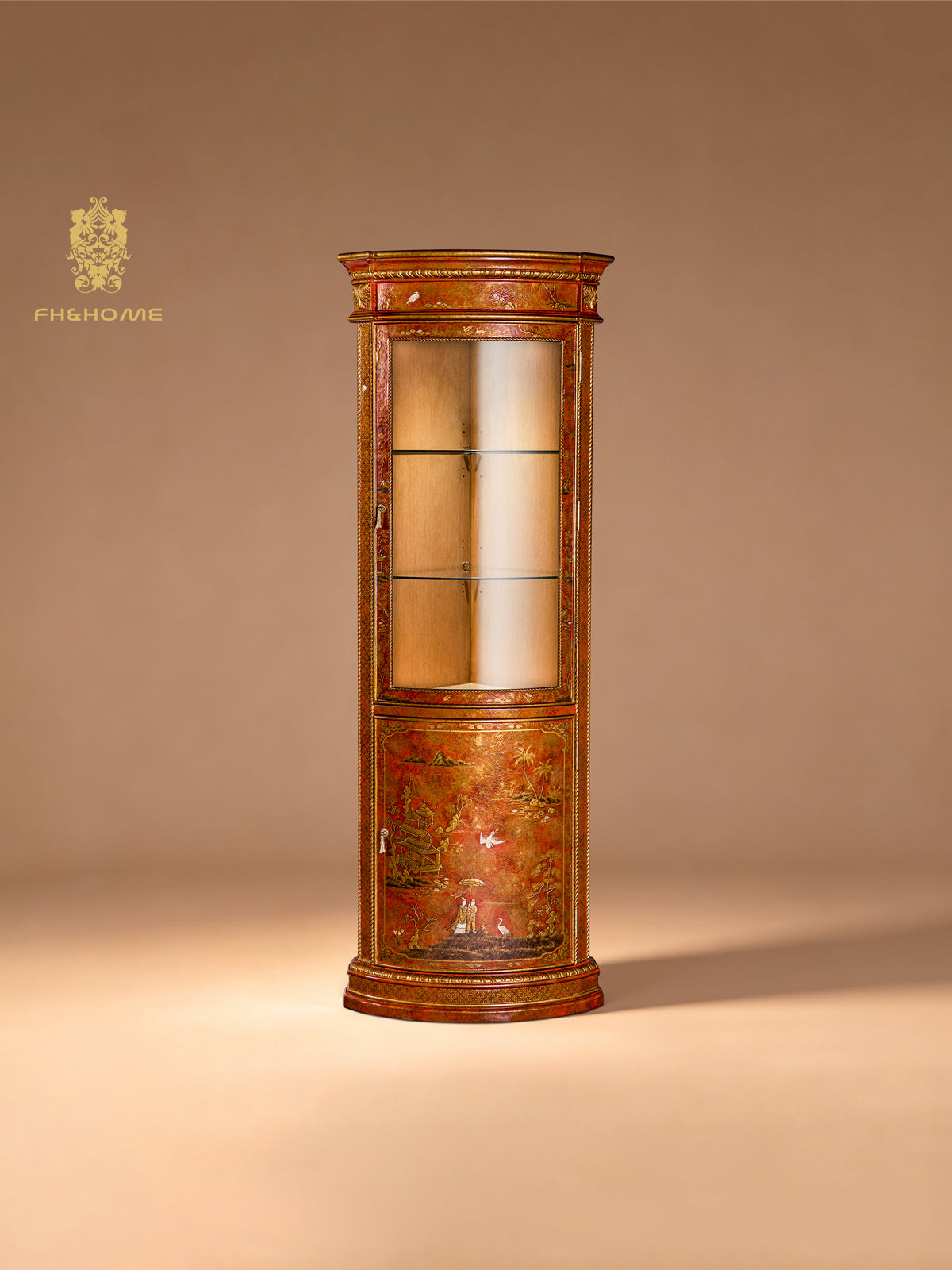 FH&HOME Coral Red Corner Cabinet - Triangular Chinoiserie Display