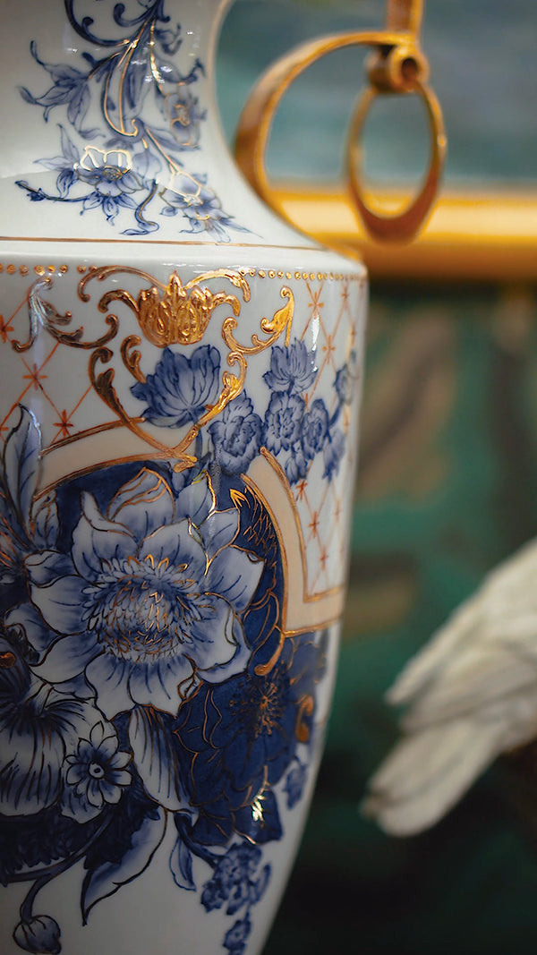 FH&HOME Blue & White Peony Lamp - Chinoiserie with Gilded Brass